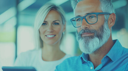 Obraz premium Smiling businesswoman and businessman looking off-camera.