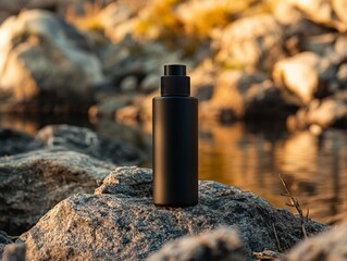 Black Sunscreen Bottle Resting on Rocks by a Tranquil Stream, Capturing the Essence of Outdoor Adventure and Sun Protection