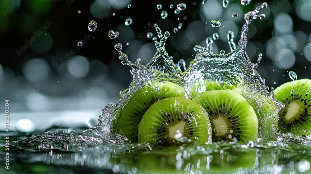 Wall mural Fresh kiwis splashing into water, capturing a vibrant and refreshing moment.