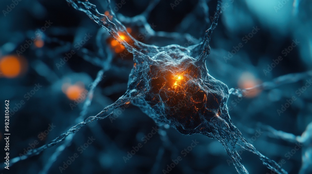 Poster a close-up view of a neuron, showcasing its structure and activity.