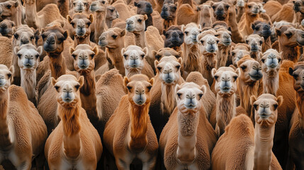 Obraz premium A large group of camels of different breeds and sizes, forming an interesting and dense composition