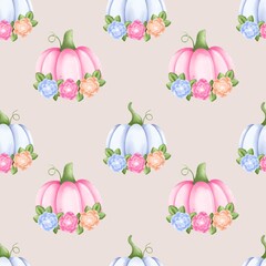 Watercolor seamless pattern pumpkins with flowers. Hand drawn watercolor. For fabric, packaging paper, scrapbooking.