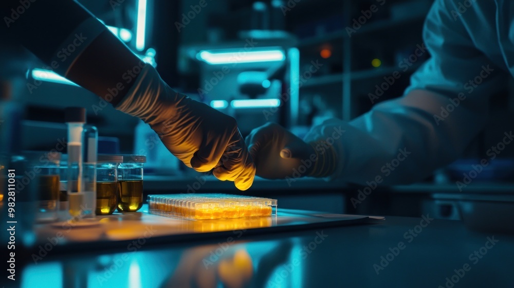 Poster laboratory scene with two gloved hands working with samples and a glowing plate.