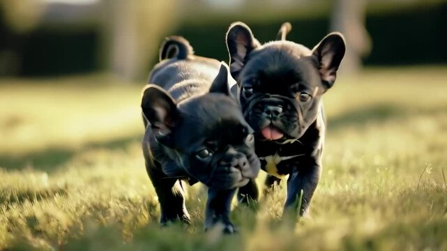 Two French Bulldog puppies energetically play with each other on a grassy field, capturing a candid and joyous moment of innocence.