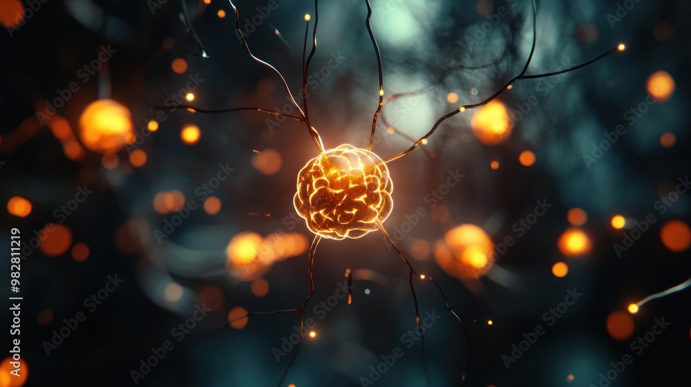 Poster a close-up view of a neuron with glowing connections, symbolizing brain activity.