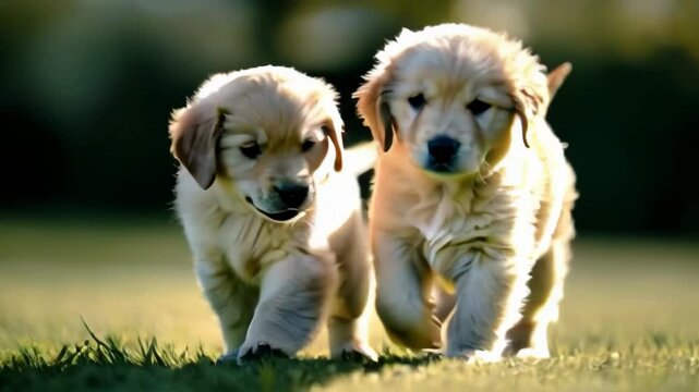 Two Golden Retriever puppies energetically play with each other on a grassy field, capturing a candid and joyous moment of innocence.