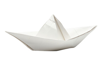 A close-up view of a folded paper boat, with visible creases and textures, isolated on a plain white background