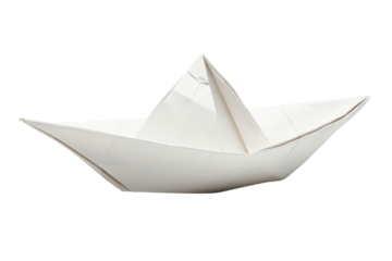 A close-up view of a folded paper boat, with visible creases and textures, isolated on a plain white background