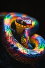 A vibrant and colorful snake with a striking pattern, showcasing hues of rainbow against a dark background.