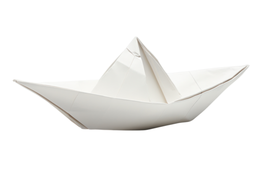 A close-up view of a folded paper boat, with visible creases and textures, isolated on a plain white background - Powered by Adobe