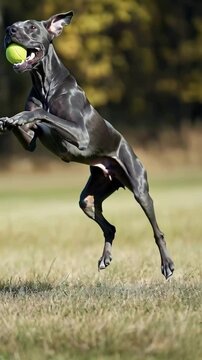 Great Dane dog running and jumping with ball towards camera in the garden