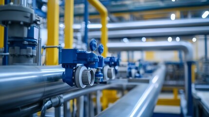 Close-up of Industrial Pipes and Valves in a Modern Factory Setting, Emphasizing the Importance of Pollution Control and Sustainable Manufacturing Practices