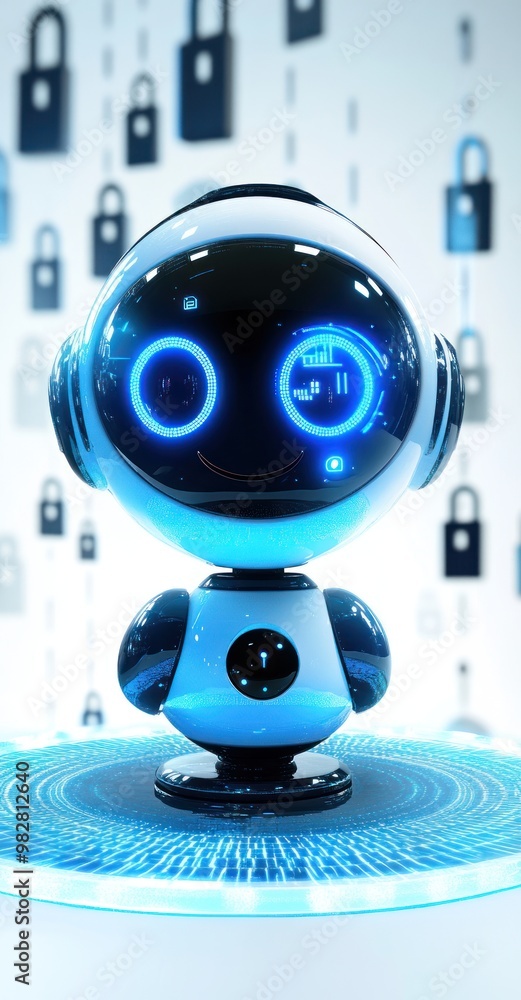 Poster a futuristic robot with glowing features, set against a backdrop of padlocks, symbolizing security.