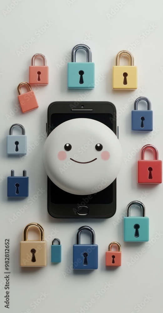Poster a smartphone surrounded by colorful padlocks and a smiling character, symbolizing security.