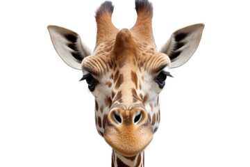 Fototapeta premium A close-up portrait of a giraffe head and neck, showcasing its unique spots and long eyelashes isolated on white background