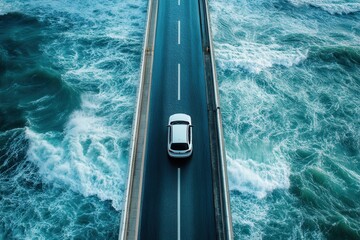 Aerial view of a car driving on a coastal road, surrounded by crashing waves, showcasing adventure and scenic beauty.