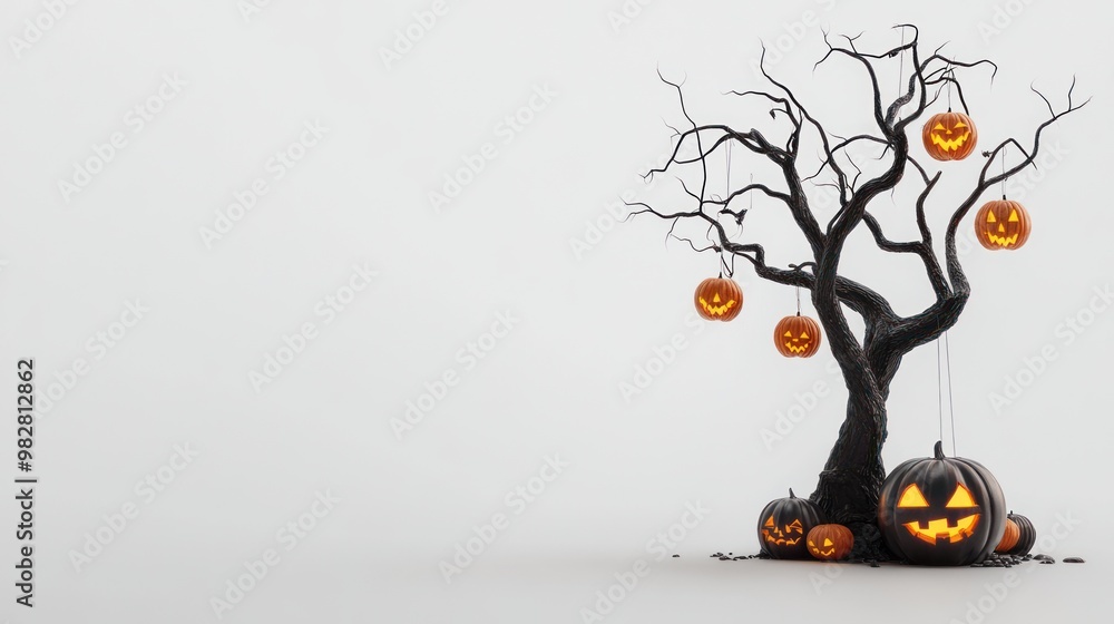 Canvas Prints A spooky Halloween scene featuring a twisted tree with carved pumpkins.