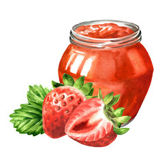 Glass Jar with strawberry jam. Hand drawn watercolor illustration, isolated on white background