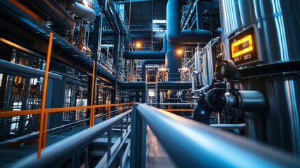 Fototapeta premium Industrial Complex with Steel Pipes and Filters, Modern Industrial Design Concept, Close-up View of a Factory's Inner Workings.