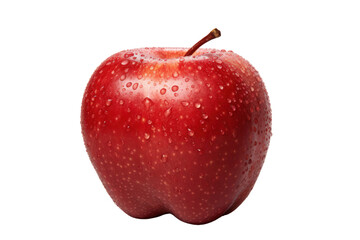 A close-up of a perfectly ripe red apple with water droplets on its surface showcasing its freshness isolated on white background