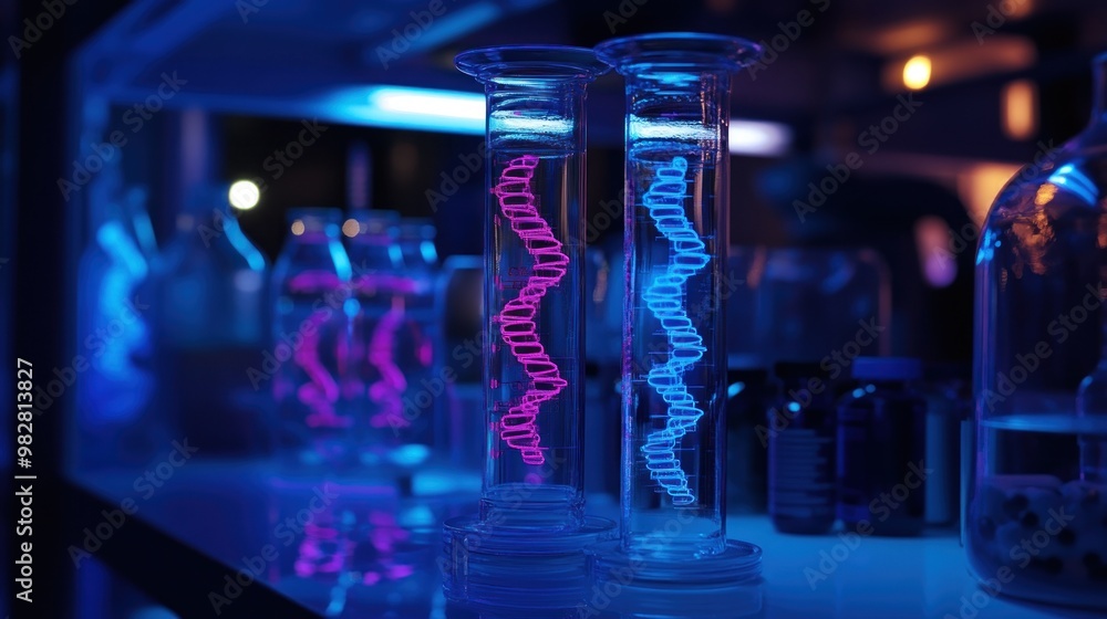 Poster glass containers displaying illuminated dna models in a laboratory setting.