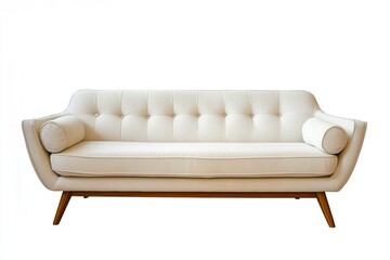 Fototapeta premium Chic modern sofa with button tufts and angular wooden legs isolated white background , ai