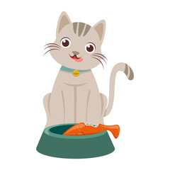 illustration of cute cat eating fish
