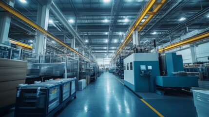 Obraz premium Modern Plastic Factory Assembly Line with Industrial Machinery and Automated Conveyor System