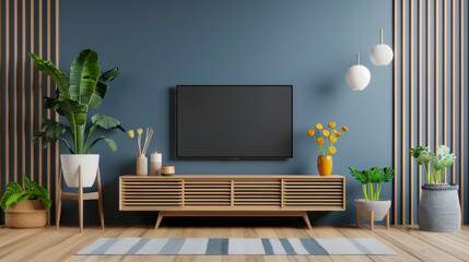 Stylish modern living room with minimalist wooden furniture, plants, and a large TV, creating a cozy and elegant ambiance.