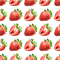 Strawberry seamless pattern, Watercolor hand drawn illustration  isolated on white background