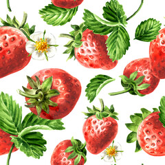 Strawberry seamless pattern, Watercolor hand drawn illustration, isolated on white background