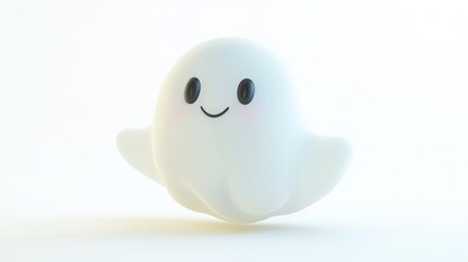 A cute, cartoonish ghost with a smiling face, floating in a light background.