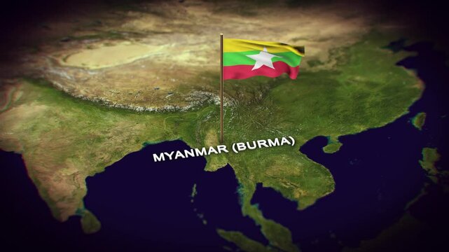 The Flag of Myanmar Burma on the World Map, Myanmar Burma map with flag 3d animation