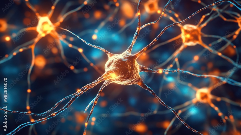 Poster close-up of neurons with glowing connections, illustrating neural networks and communication.