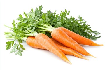 Carrots isolated. Carrot on white background. Four carrots with green leaves. Full depth of field , ai