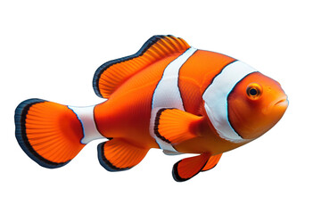 A close-up of a colorful clownfish with its distinctive orange and white stripes isolated on white background
