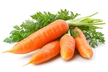 Carrots isolated. Carrot on white background. Four carrots with green leaves. Full depth of field , ai