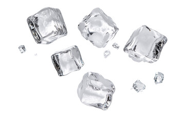 Crystal clear ice cubes scattered. transparent background.