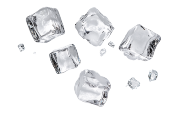 Crystal clear ice cubes scattered. transparent background.