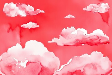 Obraz premium Vibrant Coral Watercolor Sky with Fluffy Clouds and Textured Design