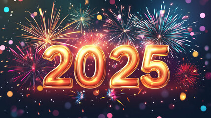 This image shows the year 2025 in bright, golden light, with colorful fireworks exploding in the background, creating a festive and joyful atmosphere full of celebration and excitement.