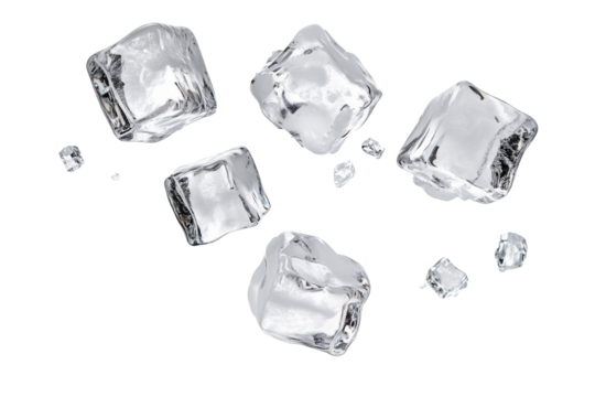 Crystal clear ice cubes scattered. transparent background.