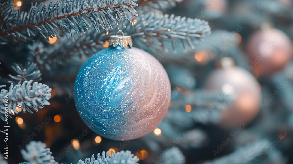 Wall mural a festive close-up of frosted pine branches adorned with blue and pink christmas ornament balls, sur