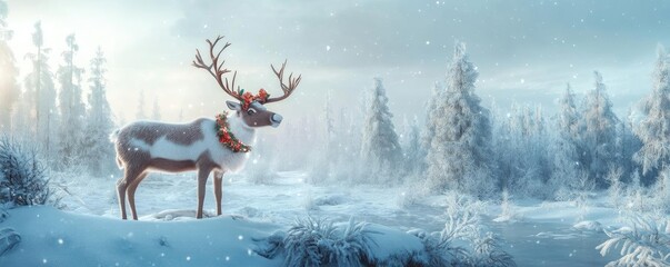 A majestic reindeer stands in a snowy landscape, adorned with a festive collar, capturing the essence of winter's beauty.