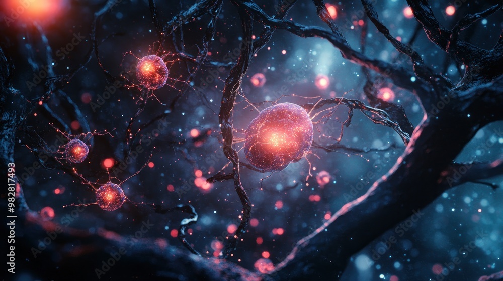 Wall mural abstract representation of neurons and synapses in a digital environment.