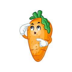 Cute and curious cartoon carrot character thinking with a thoughtful expression, isolated on white.