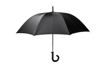 A classic black rain umbrella fully open, showcasing its curved handle and water-resistant canopy isolated on white background