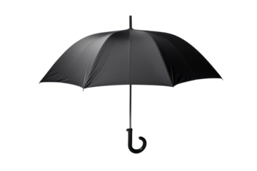 A classic black rain umbrella fully open, showcasing its curved handle and water-resistant canopy isolated on white background