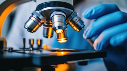 A close-up of a microscope with a gloved hand adjusting the focus.