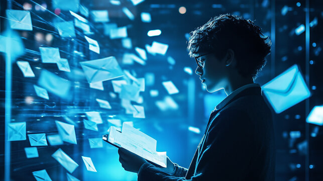 Digital marketing concept with young man using laptop and digital advertising and social media graphic icons on virtual screen for internet advertising technology